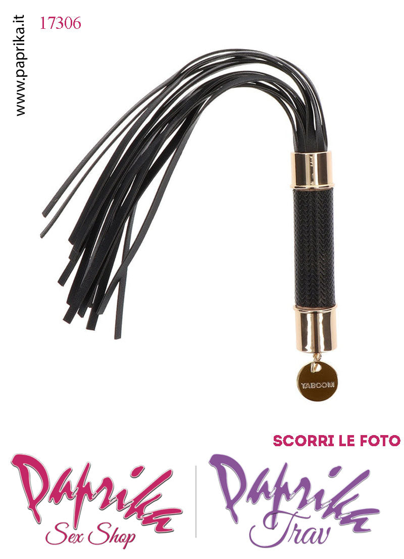 Frusta Flogger Indolore Bdsm EcoPelle 33 cm Manico Inserti Oro