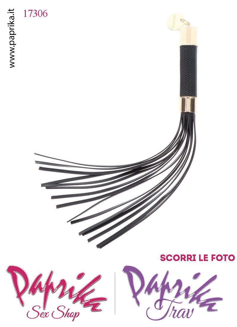 Frusta Flogger Indolore Bdsm EcoPelle 33 cm Manico Inserti Oro