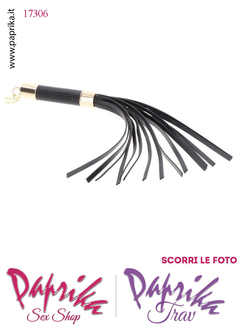 Frusta Flogger Indolore Bdsm EcoPelle 33 cm Manico Inserti Oro