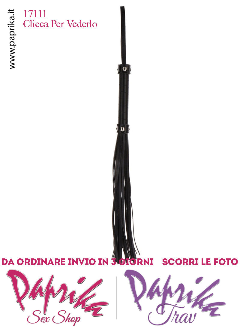 Frusta Whip Bdsm Pelle Vegan 47 cm Manico Legno Ricoperto Borchie Bombate