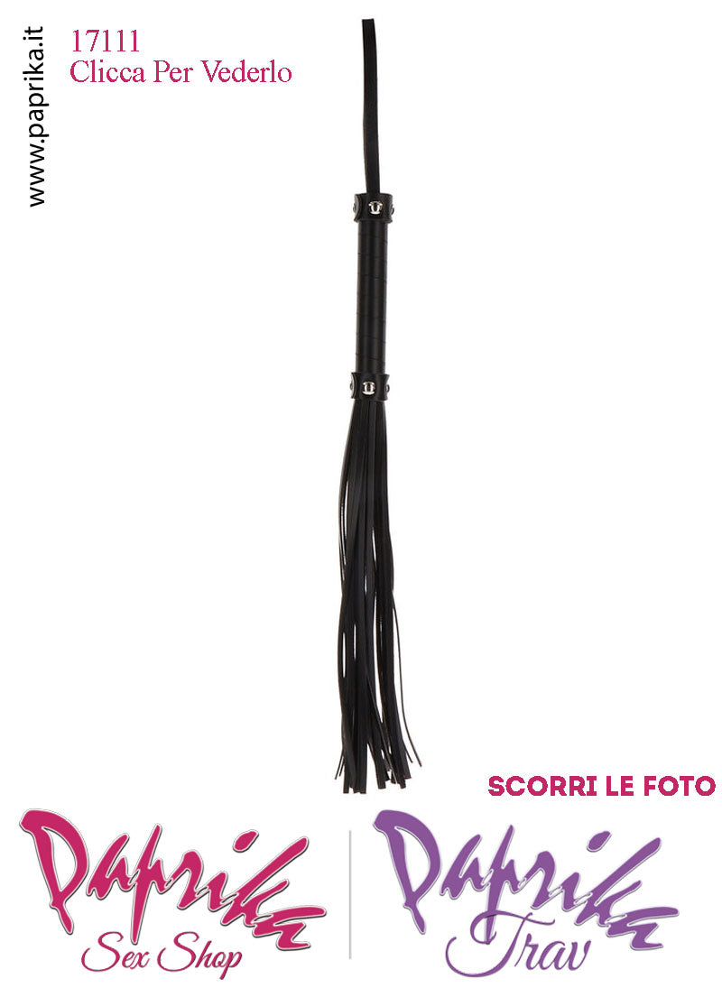 Frusta Whip Bdsm Pelle Vegan 47 cm Manico Legno Ricoperto Borchie Bombate