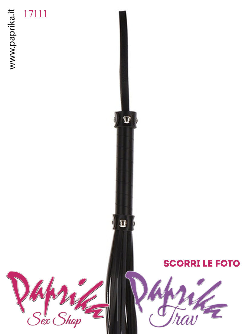 Frusta Whip Bdsm Pelle Vegan 47 cm Manico Legno Ricoperto Borchie Bombate