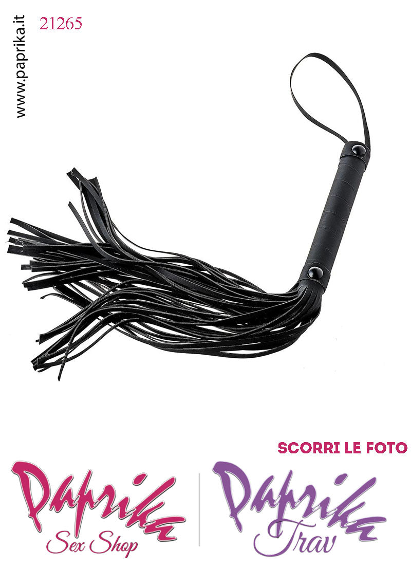 Frusta Flogger Indolore Bdsm Pelle 38 cm Manico Legno Borchie Nere