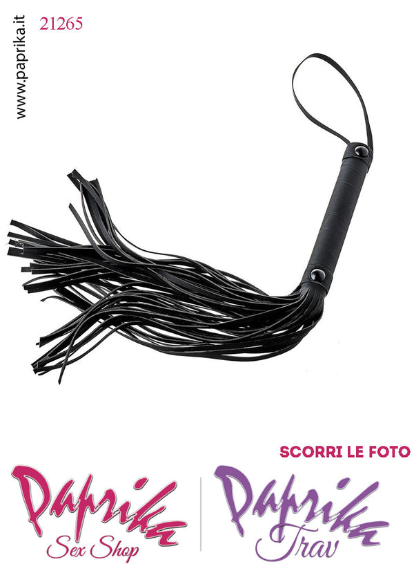 Frusta Flogger Indolore Bdsm Pelle 38 cm Manico Legno Borchie Nere
