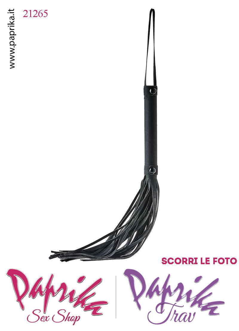 Frusta Flogger Indolore Bdsm Pelle 38 cm Manico Legno Borchie Nere