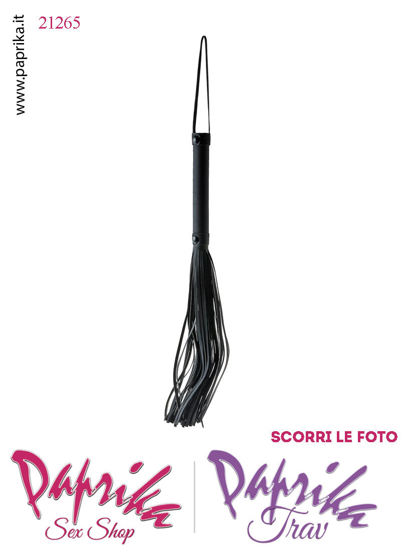 Frusta Flogger Indolore Bdsm Pelle 38 cm Manico Legno Borchie Nere