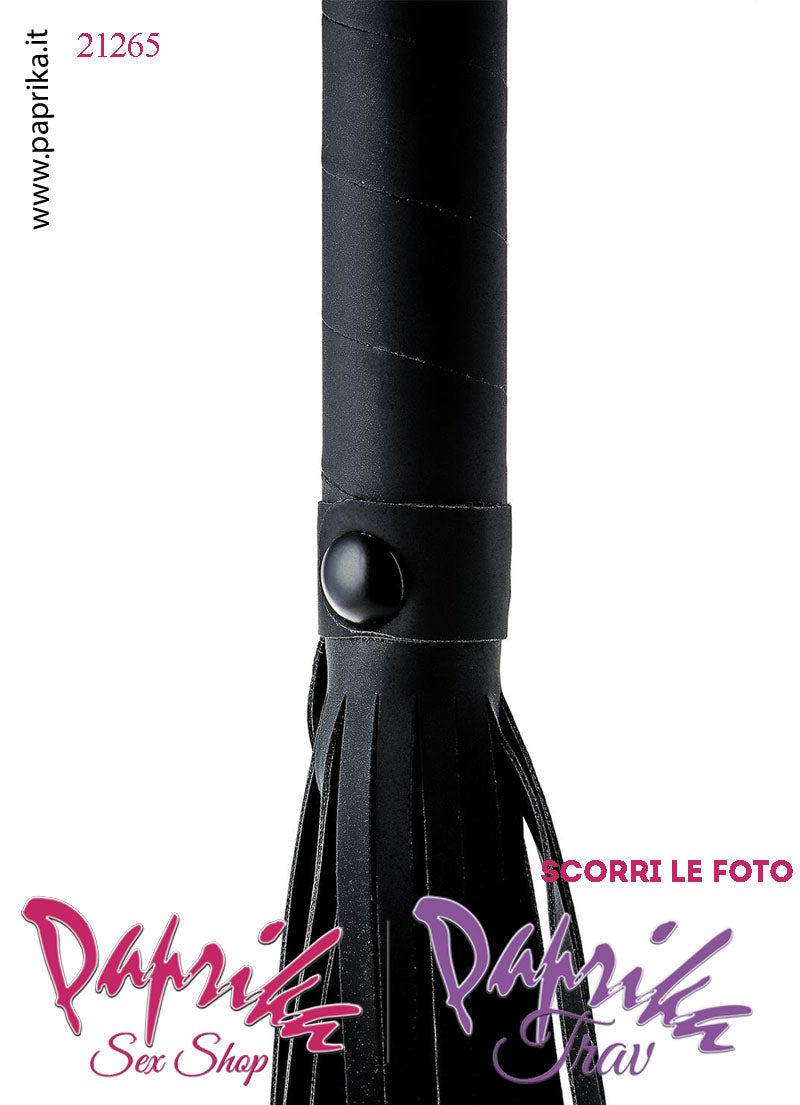 Frusta Flogger Indolore Bdsm Pelle 38 cm Manico Legno Borchie Nere