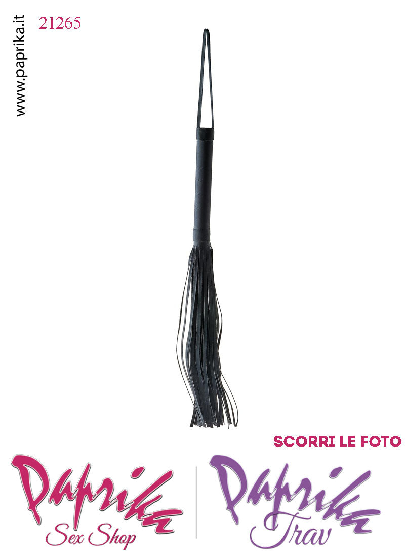 Frusta Flogger Indolore Bdsm Pelle 38 cm Manico Legno Borchie Nere