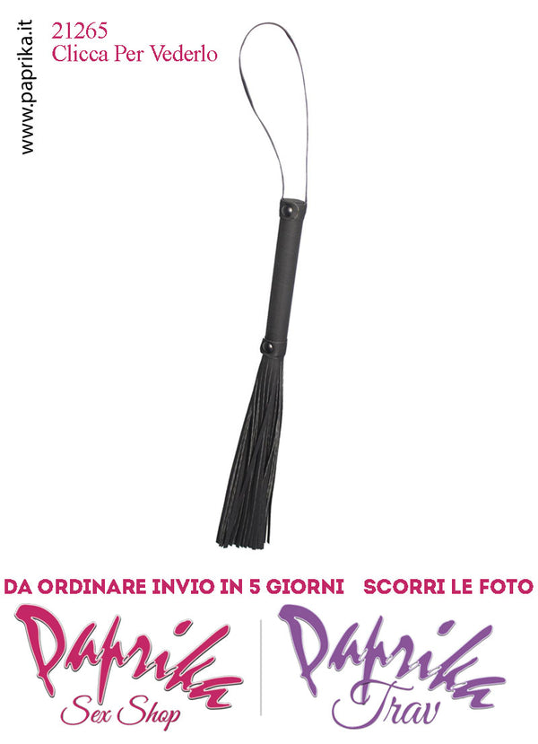 Frusta Flogger Indolore Bdsm Pelle 38 cm Manico Legno Borchie Nere