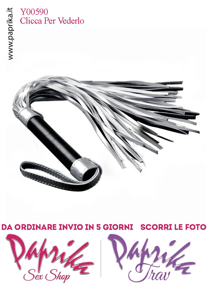 Frusta Flogger Indolore Bdsm Pelle Argento 45 cm Manico Legno Borchie Metallo