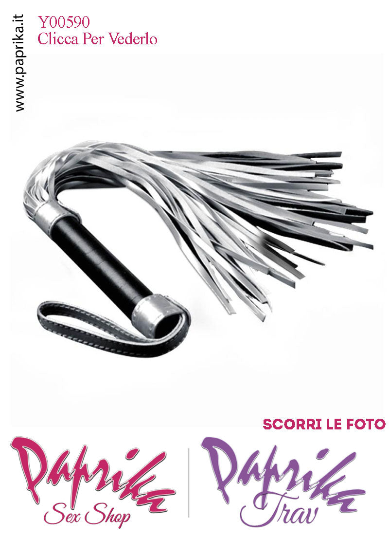Frusta Flogger Indolore Bdsm Pelle Argento 45 cm Manico Legno Borchie Metallo
