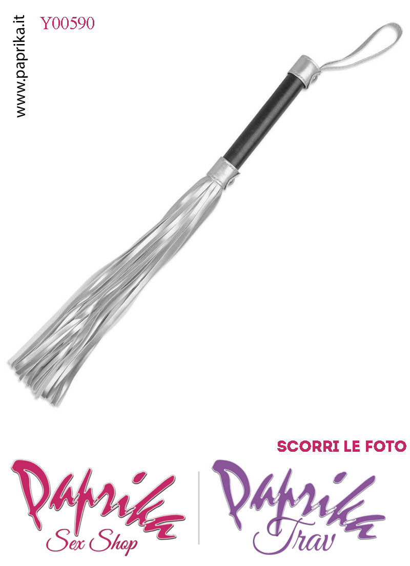 Frusta Flogger Indolore Bdsm Pelle Argento 45 cm Manico Legno Borchie Metallo