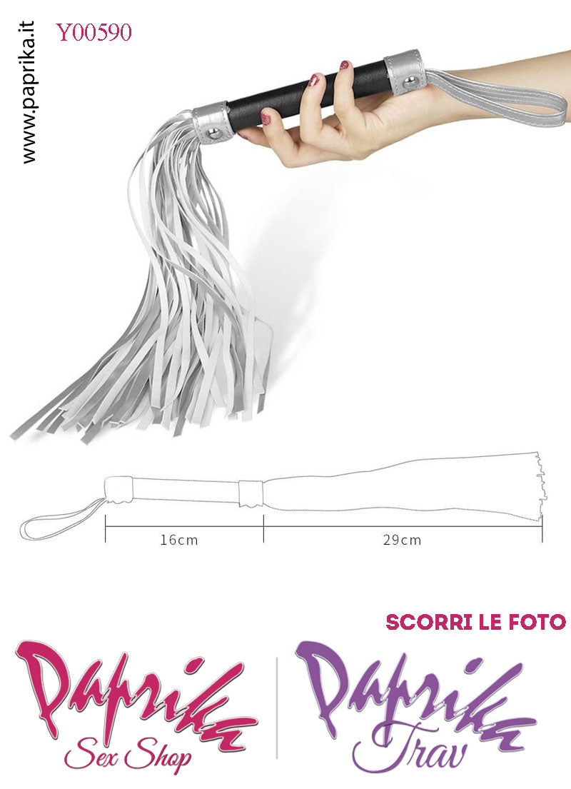 Frusta Flogger Indolore Bdsm Pelle Argento 45 cm Manico Legno Borchie Metallo
