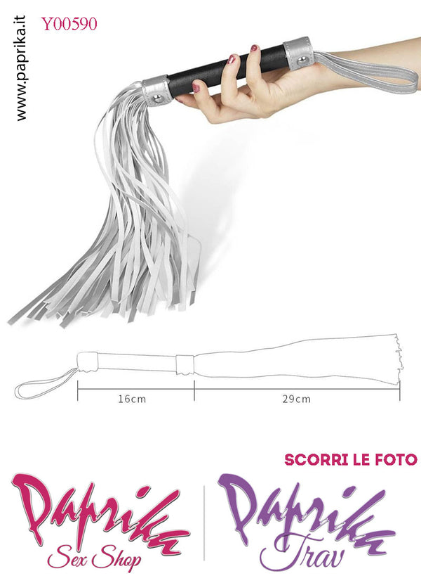 Frusta Flogger Indolore Bdsm Pelle Argento 45 cm Manico Legno Borchie Metallo