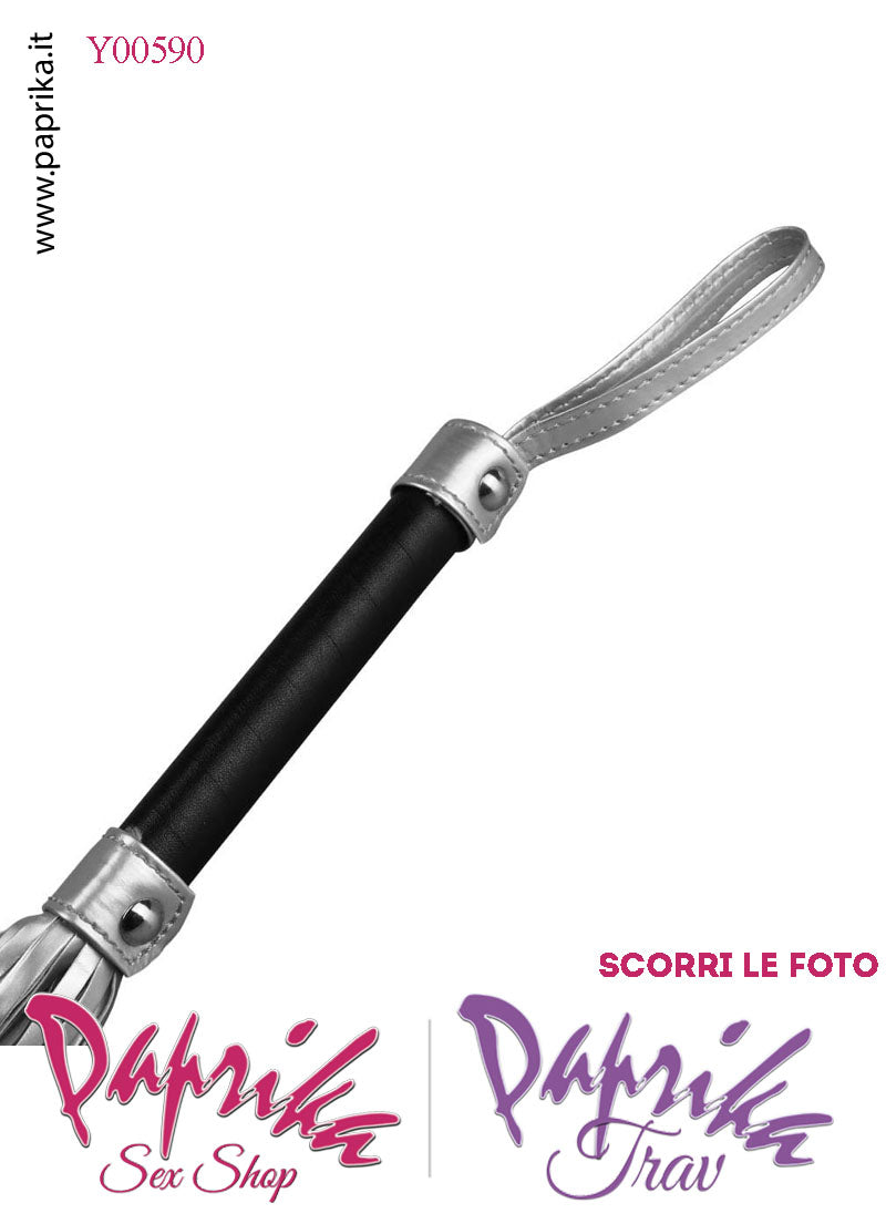 Frusta Flogger Indolore Bdsm Pelle Argento 45 cm Manico Legno Borchie Metallo