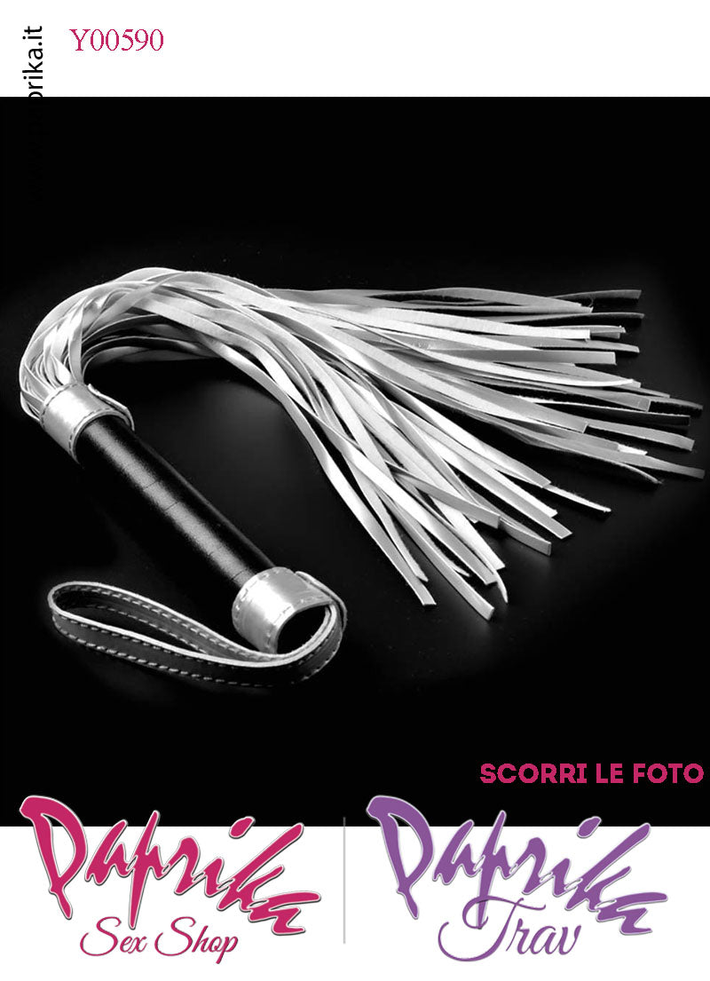 Frusta Flogger Indolore Bdsm Pelle Argento 45 cm Manico Legno Borchie Metallo