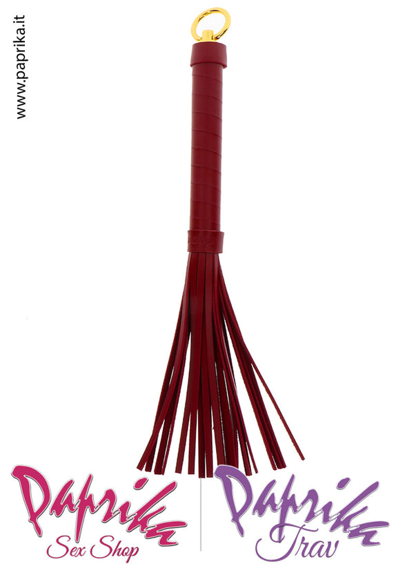 Frusta Whip Bdsm Pelle Vegan Dolorosa 38 cm Manico Legno Anello Oro