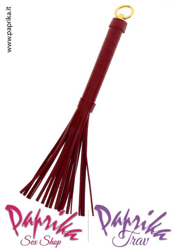 Frusta Whip Bdsm Pelle Vegan Dolorosa 38 cm Manico Legno Anello Oro