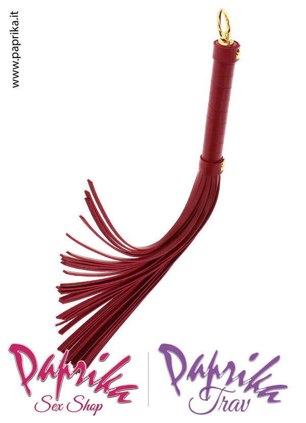 Frusta Whip Bdsm Pelle Vegan Dolorosa 47 cm Manico Legno Anello Oro