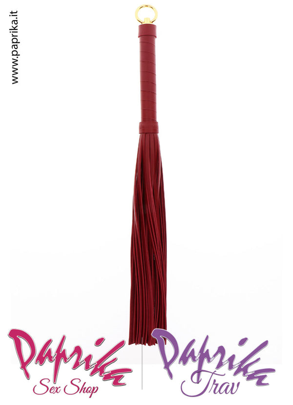 Frusta Whip Bdsm Pelle Vegan Dolorosa 47 cm Manico Legno Anello Oro