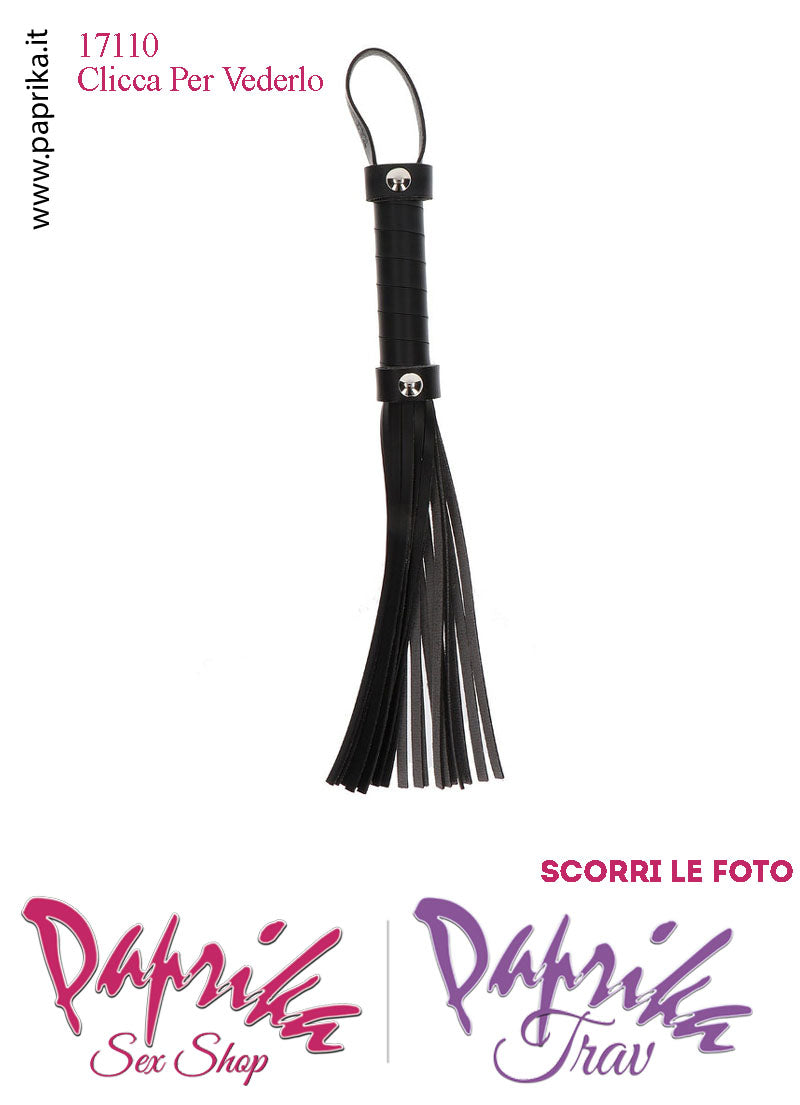 Frusta Whip Bdsm Pelle Vegan 33 cm Manico Legno Ricoperto Borchie Bombate