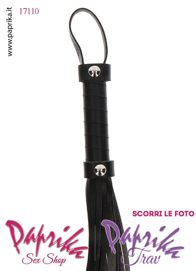 Frusta Whip Bdsm Pelle Vegan 33 cm Manico Legno Ricoperto Borchie Bombate
