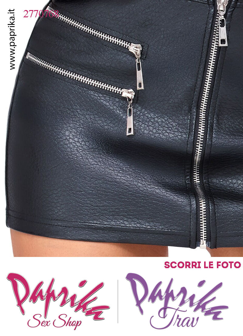 Minigonna Sexy EcoPelle Opaca Cerniera Anteriore 4 Cerniere Orizzontali