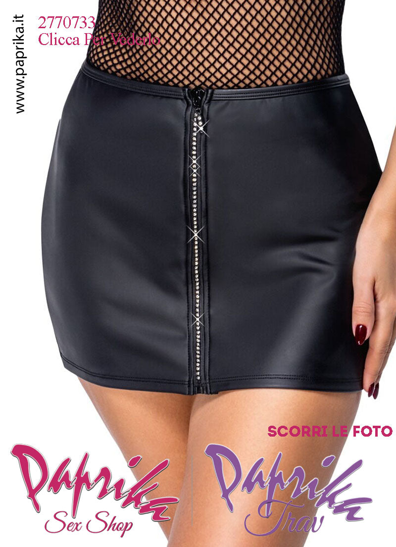Minigonna Sexy WetLook Opaco Cerniera Anteriore Completa Tempestata Strass