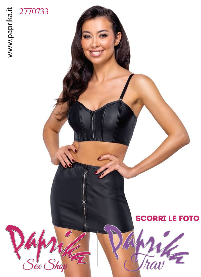 Minigonna Sexy WetLook Opaco Cerniera Anteriore Completa Tempestata Strass