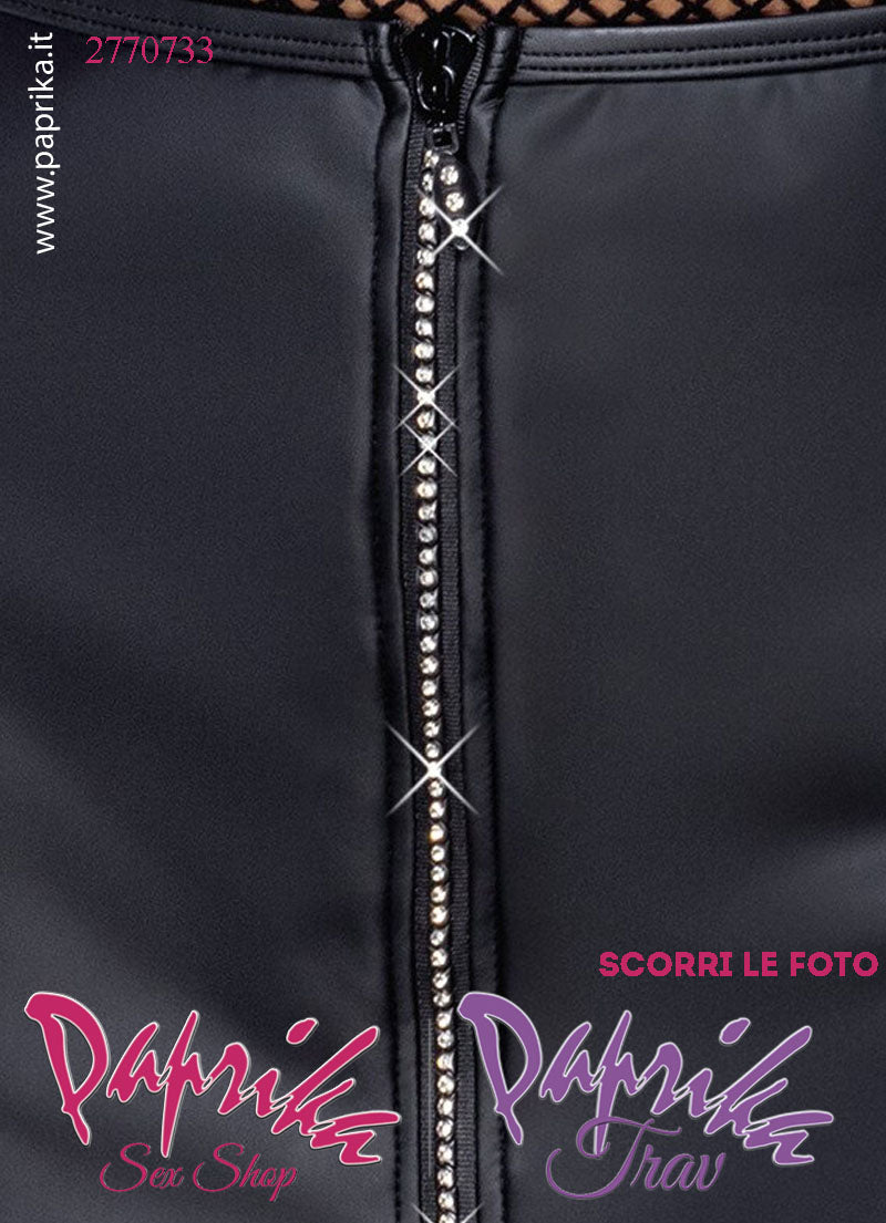 Minigonna Sexy WetLook Opaco Cerniera Anteriore Completa Tempestata Strass