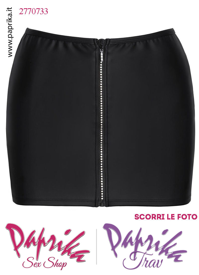 Minigonna Sexy WetLook Opaco Cerniera Anteriore Completa Tempestata Strass