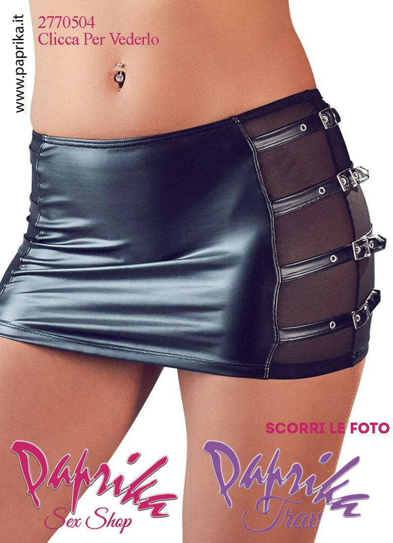 Minigonna Sexy WetLook Semi Lucido Tulle Nero 4 Fibbie Laterali Regolabili