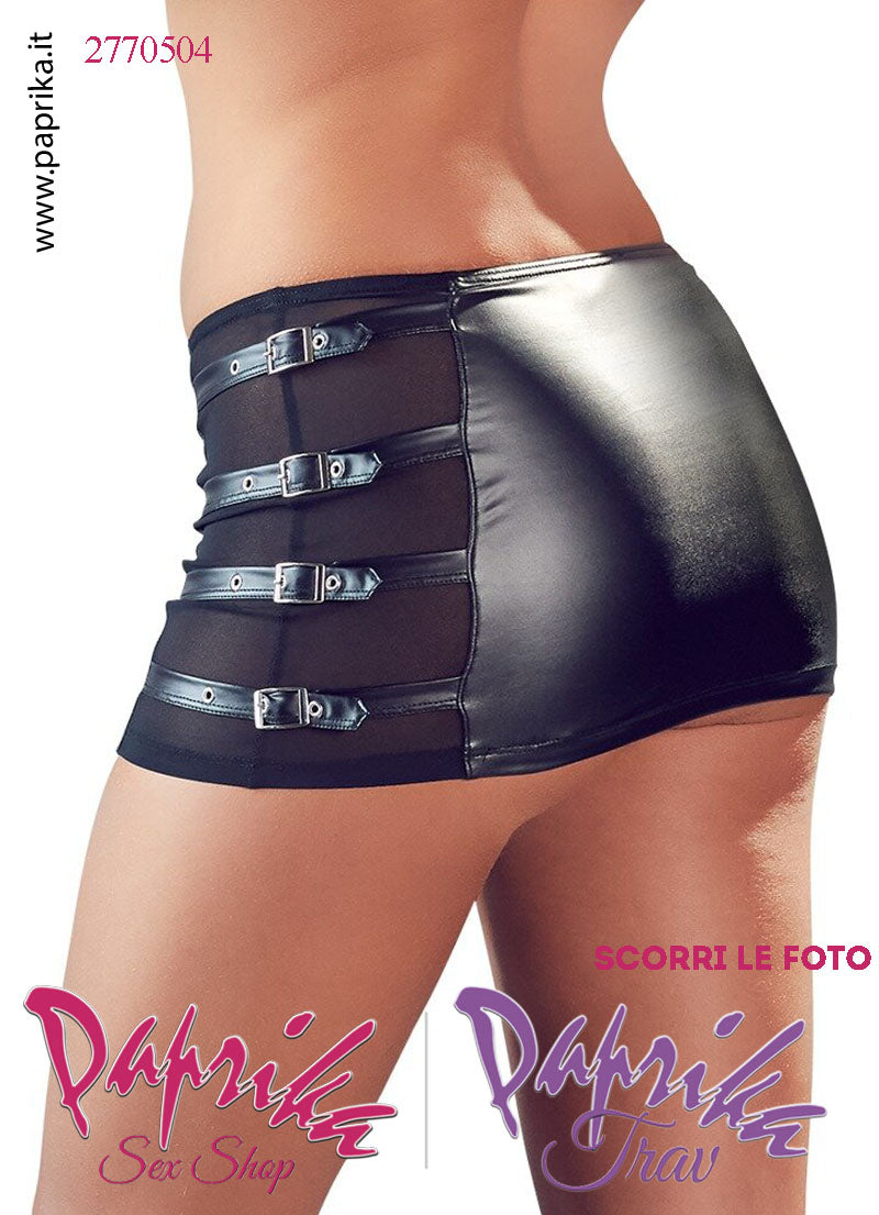 Minigonna Sexy WetLook Semi Lucido Tulle Nero 4 Fibbie Laterali Regolabili