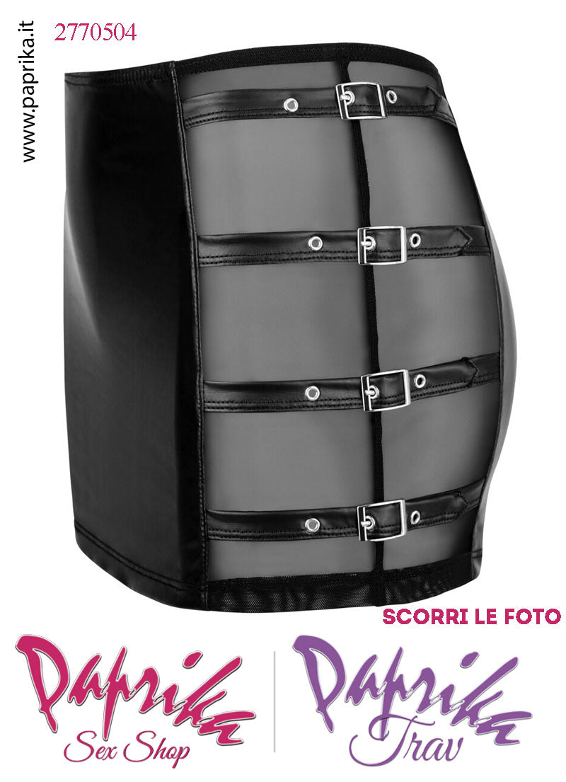 Minigonna Sexy WetLook Semi Lucido Tulle Nero 4 Fibbie Laterali Regolabili