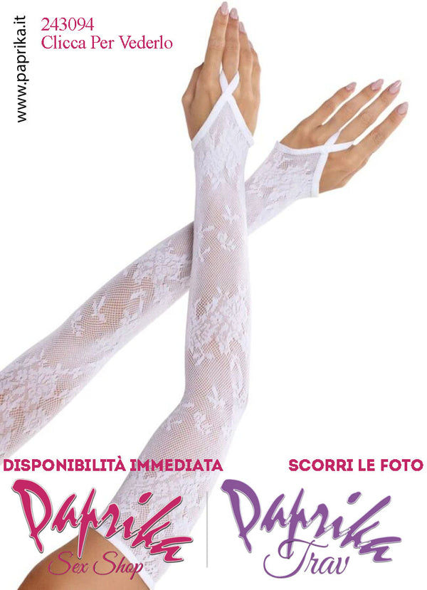 Guanti Lunghi Rete Lavorata Bianca Senza Dita Altissima Vestibilità Anello Dito Medio