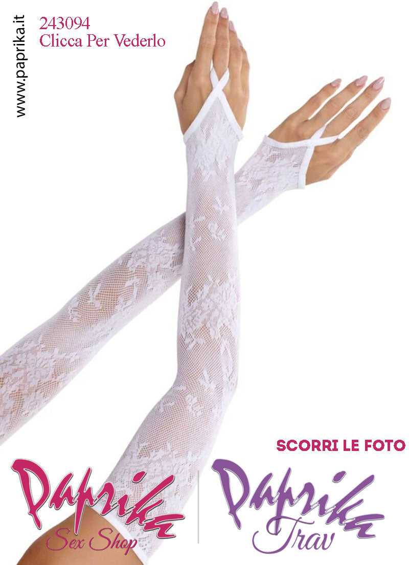 Guanti Lunghi Rete Lavorata Bianca Senza Dita Altissima Vestibilità Anello Dito Medio