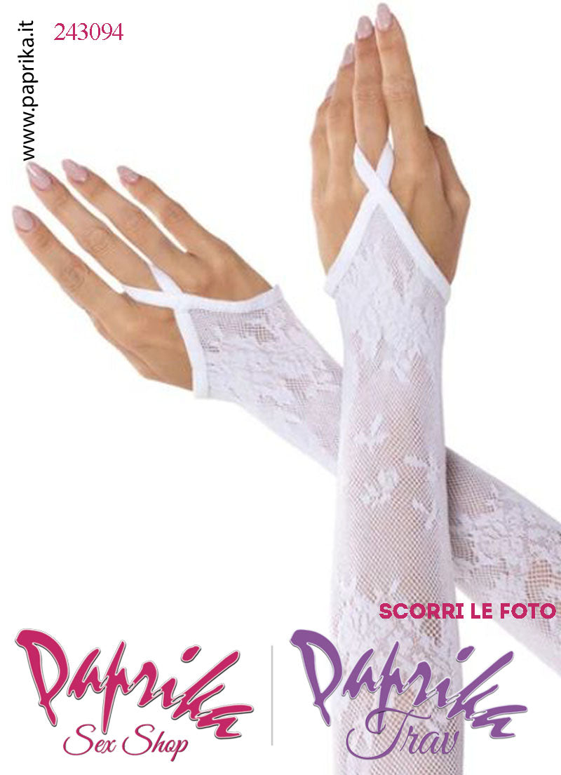 Guanti Lunghi Rete Lavorata Bianca Senza Dita Altissima Vestibilità Anello Dito Medio