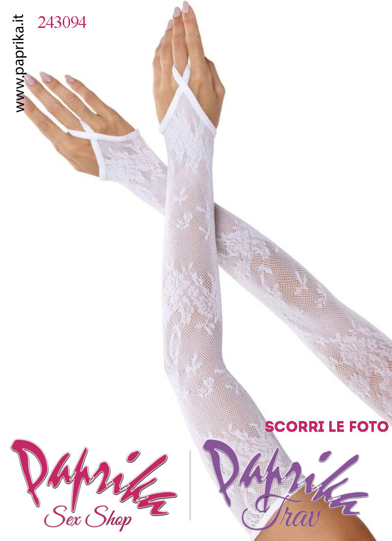 Guanti Lunghi Rete Lavorata Bianca Senza Dita Altissima Vestibilità Anello Dito Medio