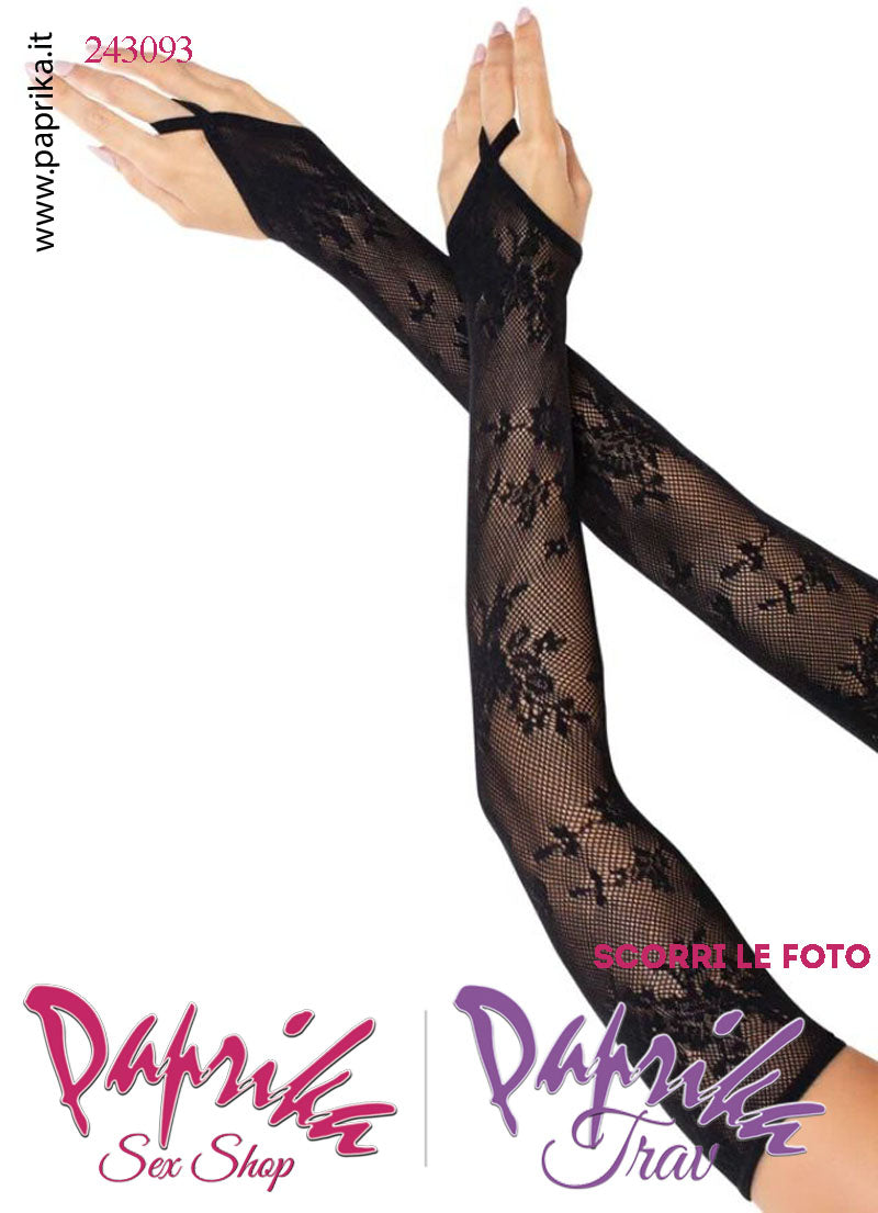 Guanti Lunghi Rete Lavorata Nera Senza Dita Altissima Vestibilità Anello Dito Medio