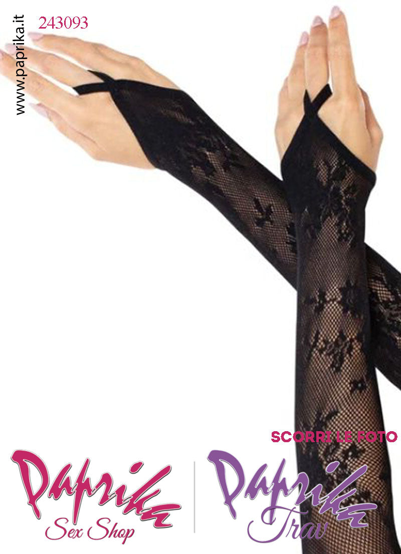 Guanti Lunghi Rete Lavorata Nera Senza Dita Altissima Vestibilità Anello Dito Medio