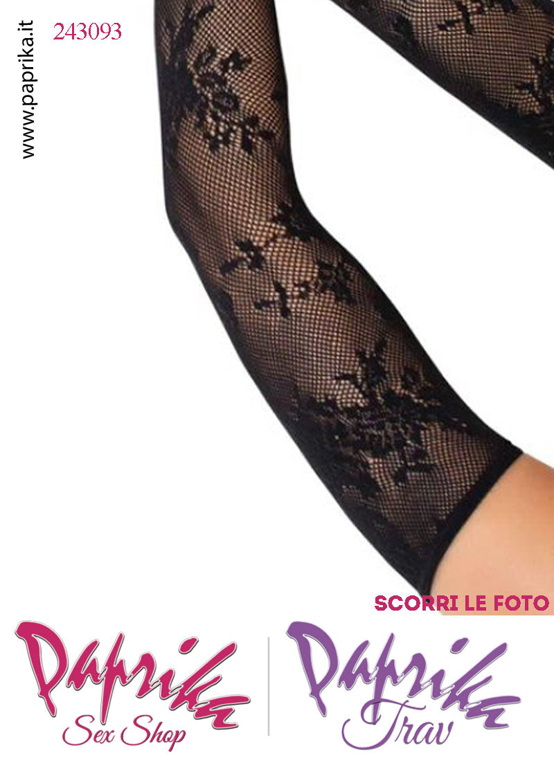 Guanti Lunghi Rete Lavorata Nera Senza Dita Altissima Vestibilità Anello Dito Medio