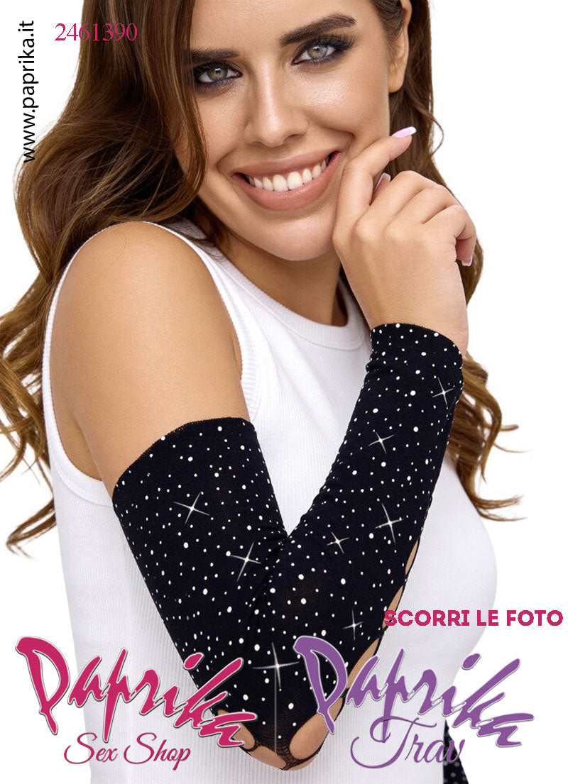 Guanti Lunghi Manicotti Senza Mani Tempestati Piccoli Strass Finta Allacciatura