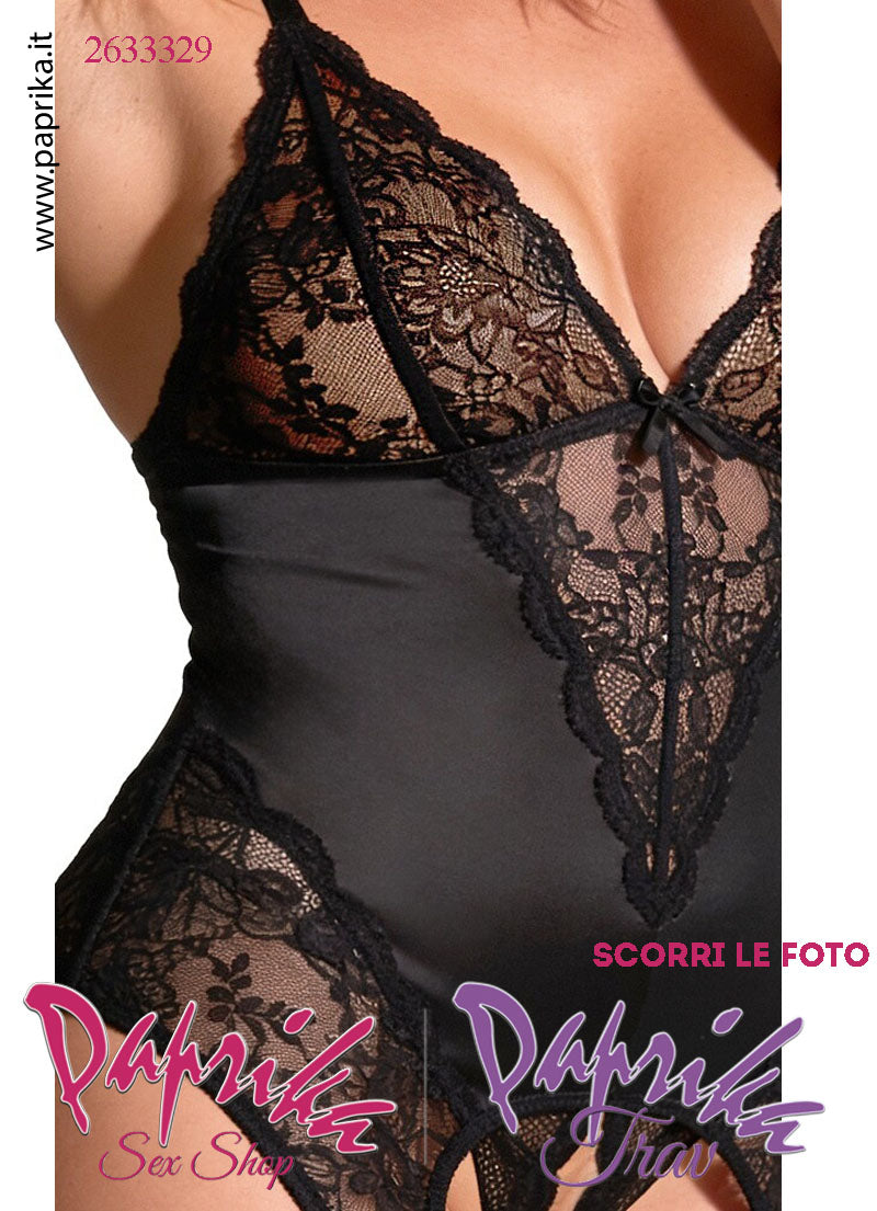 Guepiere Sexy Curvy Raso Pizzo 4 Elastici Reggicalze Perizoma Aperto