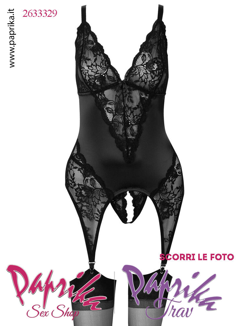 Guepiere Sexy Curvy Raso Pizzo 4 Elastici Reggicalze Perizoma Aperto