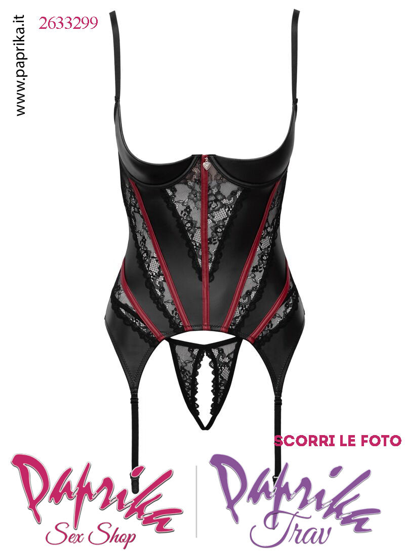 Guepiere Sexy Pizzo Inserti Tessuto Opaco 4 Elastici Reggicalze Perizoma Aperto