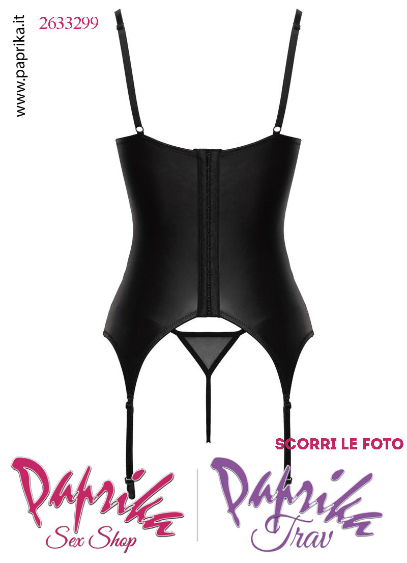 Guepiere Sexy Pizzo Inserti Tessuto Opaco 4 Elastici Reggicalze Perizoma Aperto