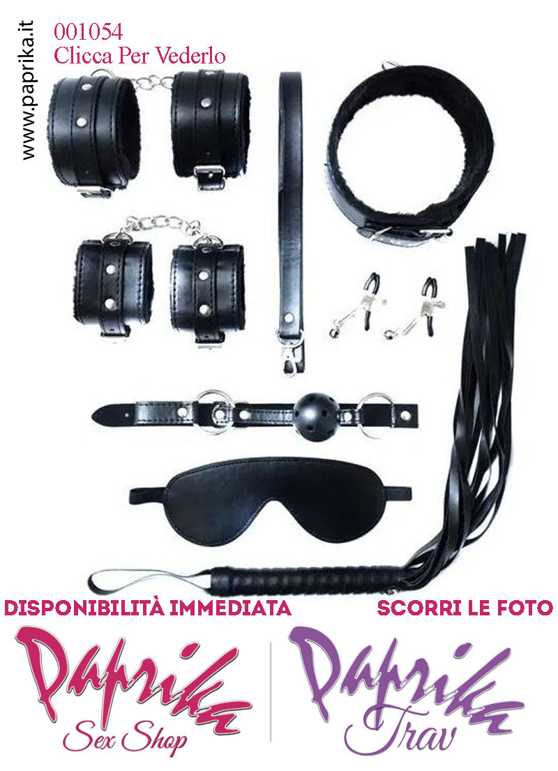Set Kit Bondage Bdsm Sadomaso Soft 7 Pezzi Ecopelle Nera Imbottiti