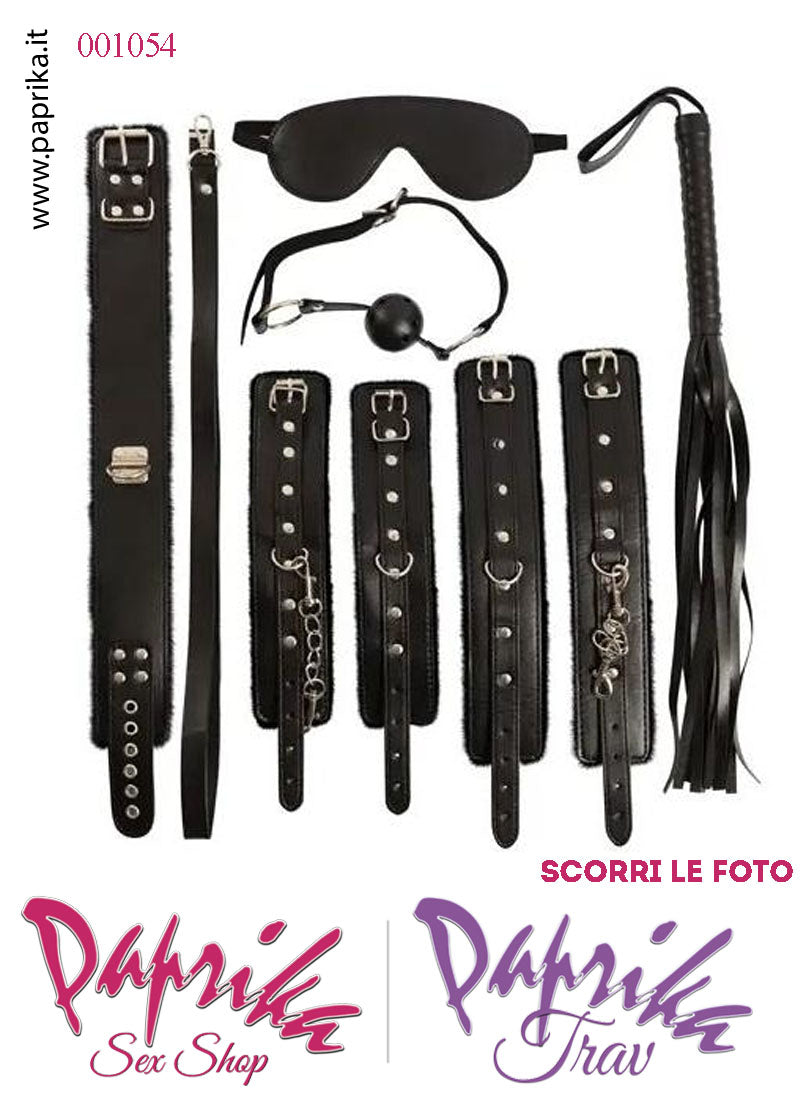 Set Kit Bondage Bdsm Sadomaso Soft 7 Pezzi Ecopelle Nera Imbottiti