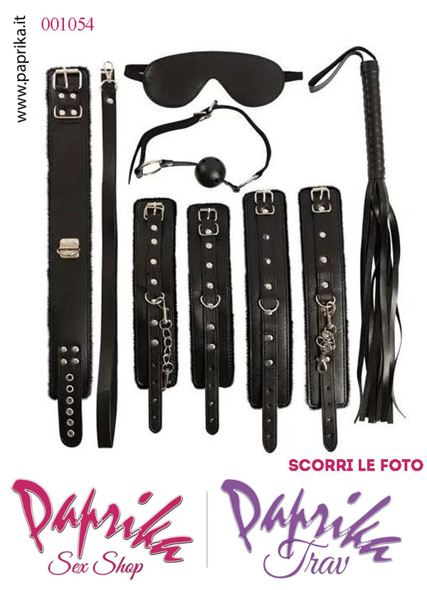 Set Kit Bondage Bdsm Sadomaso Soft 7 Pezzi Ecopelle Nera Imbottiti