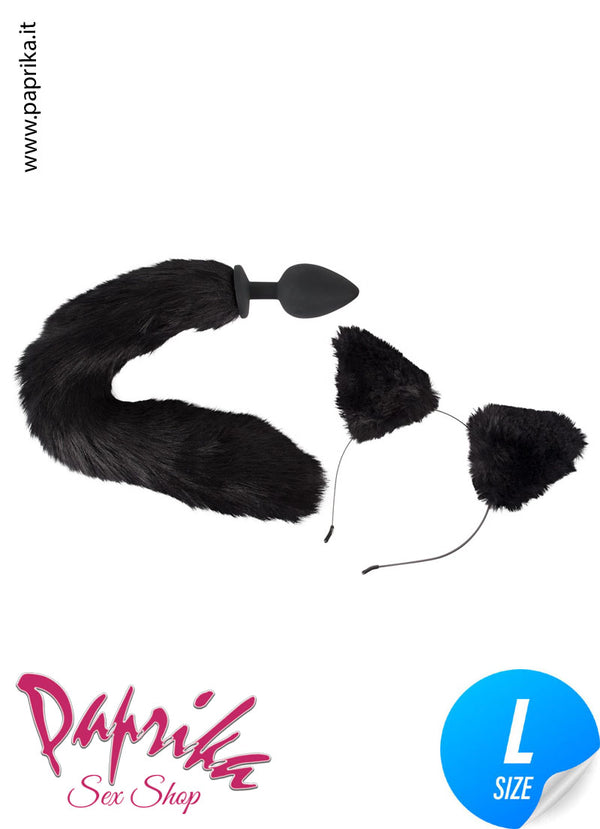 Kit Plug Anale Large 9 cm Ø 42 Silicone Coda Lunga Orecchie Gattina